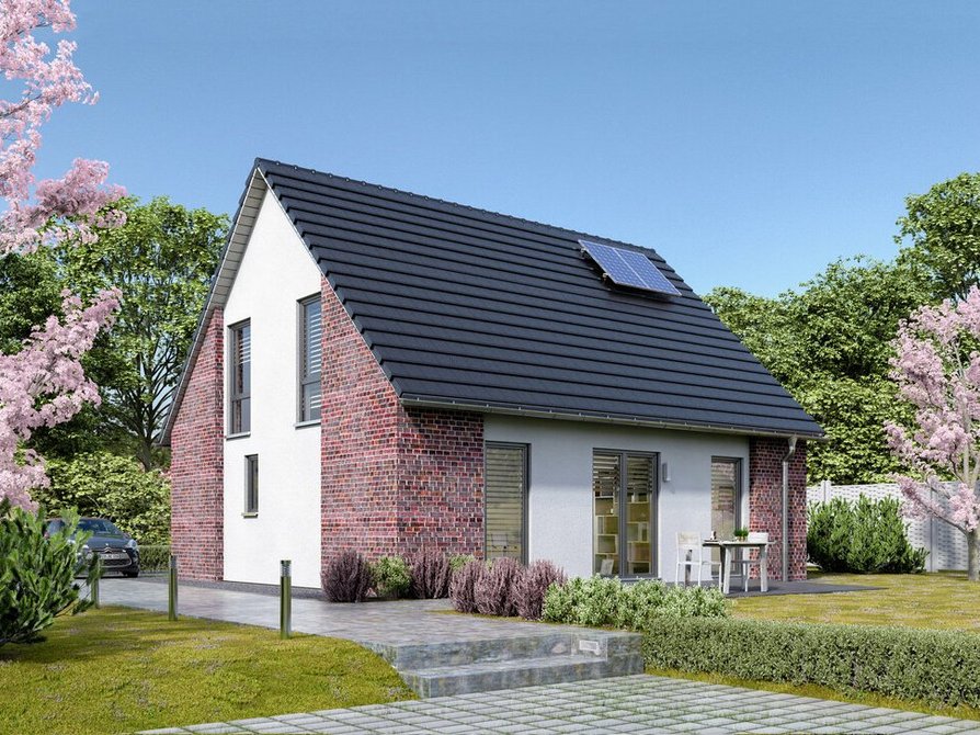 Das Einfamilienhaus Flair 130 Teilverklinkert mit Satteldach, Photovoltaikanlage und bodentiefen Fenstern bietet herrliche Ausblicke in den Garten.
