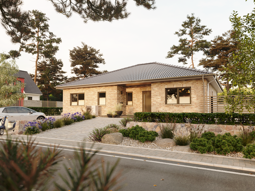 Bungalow 128 mit Aurora-Klinkerfassade, Vorgarten mit Natursteinen und moderner Hauseingang