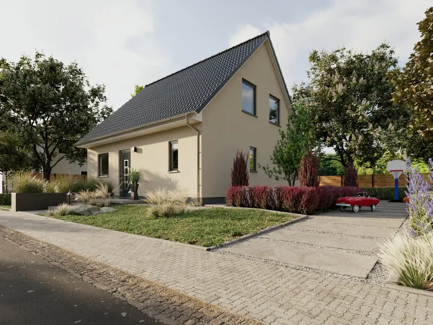 Blick von der Straße auf das Einfamilienhaus Flair 110 in Creme mit Satteldach in Anthrazit
